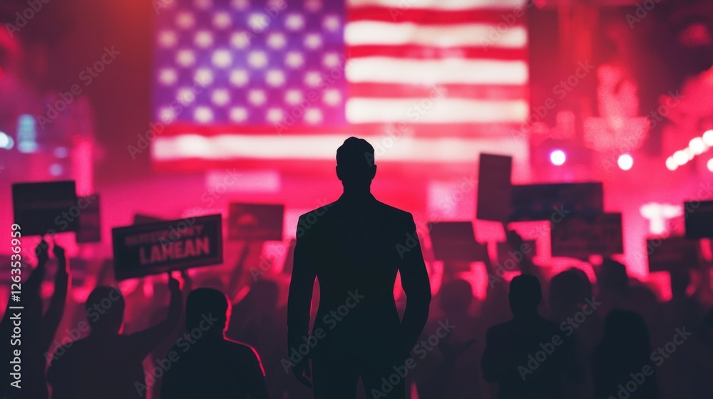 A crowd gathers at night, silhouetted against a vibrant American flag. People hold signs as they participate in a passionate rally, showcasing their beliefs and enthusiasm