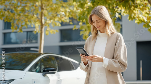 woman using smartphone outdoors near white electric car, smiling Free Download woman using smartphone outdoors near white electric car, smiling - GFXLoad