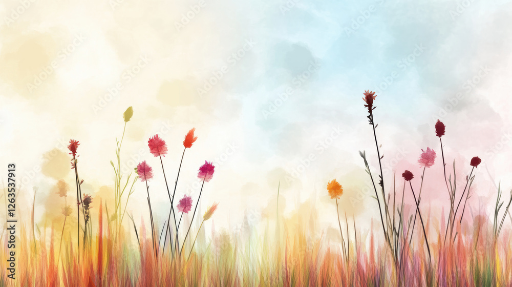 Obraz premium dreamy abstract meadow scene with layered textures and vivid colors, featuring delicate wildflowers swaying soft breeze pastel sky. artistic composition evokes sense of tranquility and warmth
