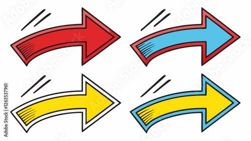 Four colorful arrows pointing in the right direction. Featuring red, blue, and yellow colors with dynamic motion lines.