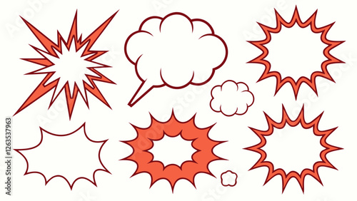 Colorful comic book style speech bubbles and explosion shapes in red and white, perfect for adding energy to visual storytelling.