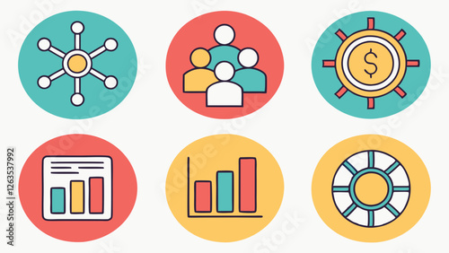 A colorful collection of six icons representing business, teamwork, finance, and analytics, emphasizing collaborative growth and insights.