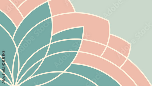 A serene and modern floral pattern featuring overlapping petals in soft teal and peach hues, set against a light mint background, creating a calming aesthetic.