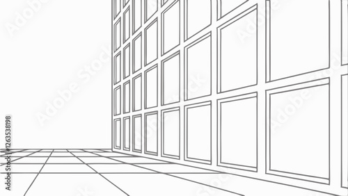 An artistic, minimalist interior featuring a series of empty rectangular frames against a white wall, creating a sense of space and potential.