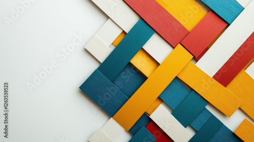 Colorful abstract geometric pattern with overlapping textured paper strips in blue, yellow, red, and white, creating woven effect on light background