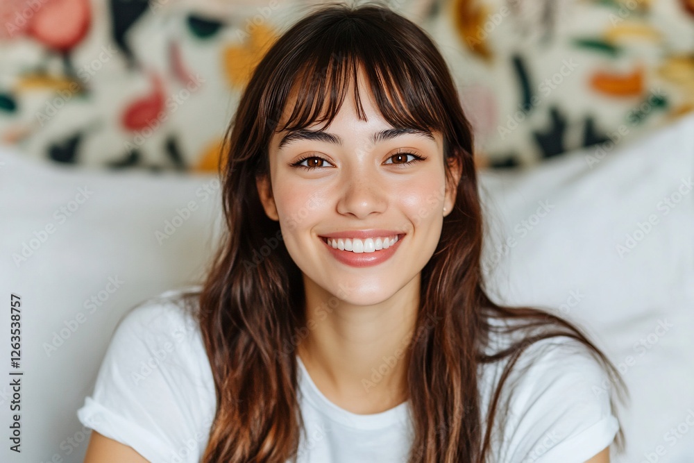 Woman smiling, indoor, relaxed, comfortable, casual wear, happy Woman smiling, indoor, relaxed, comfortable, casual wear, happy
