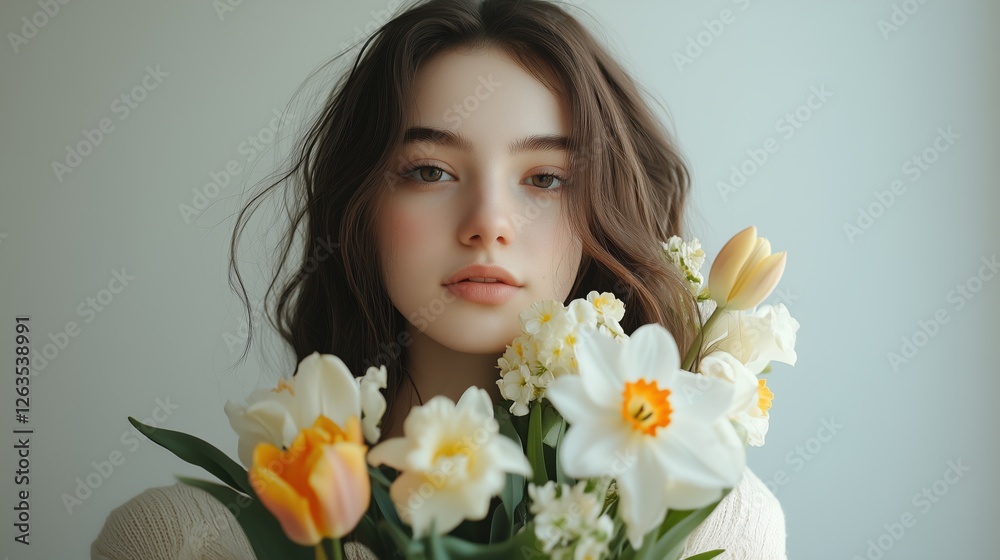 Young woman with flowers brings a touch of nature into a serene indoor setting in soft lighting Young woman with flowers brings a touch of nature into a serene indoor setting in soft lighting