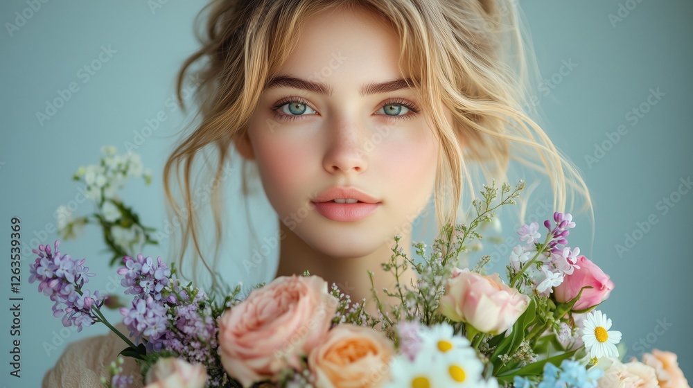 Fototapeta premium Young elegant woman holding a bouquet of colorful flowers against a soft background in a bright indoor setting