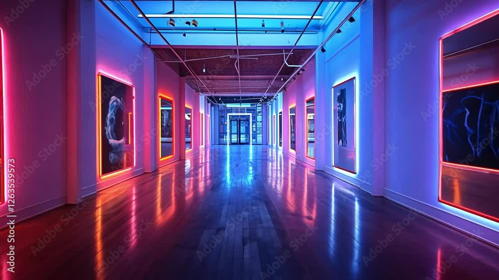 A modern hallway illuminated with colorful neon lights and wooden flooring footage A modern hallway illuminated with colorful neon lights and wooden flooring footage