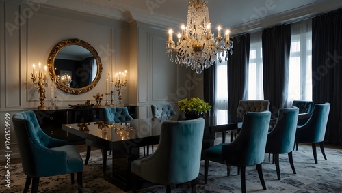  Dining room with black table, teal chairs, crystal chandelier, and elegant decor