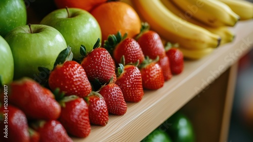 A variety of fresh fruits is neatly arranged on a wooden shelf. Bright red strawberries sit in front, surrounded by green apples, yellow bananas, and oranges, creating a colorful market display