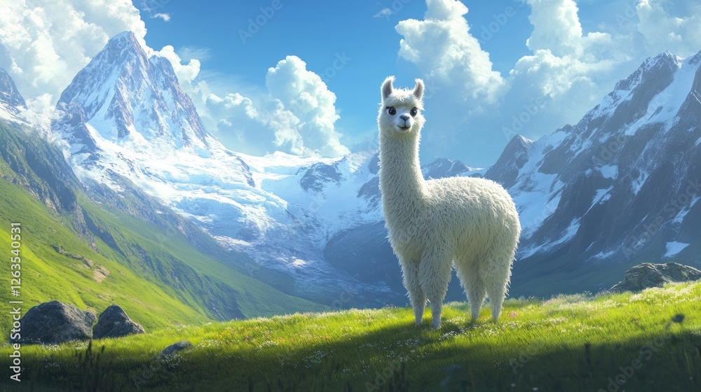 Fototapeta premium White alpaca standing in a mountain meadow.
