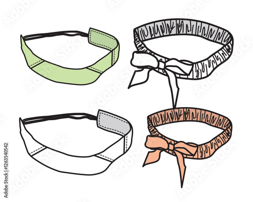 Elastic solid colors knotted bow headbands vector mockup template technical flat design.