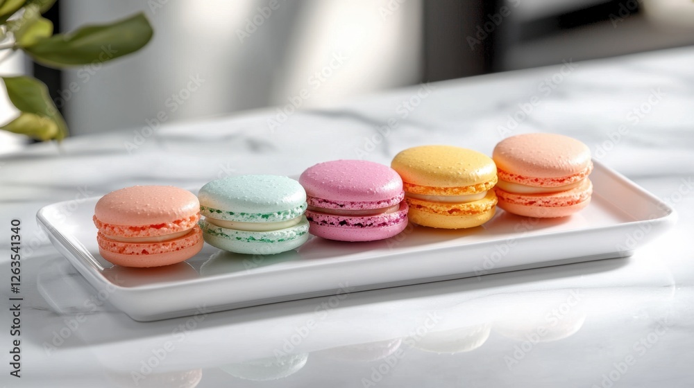 Fototapeta premium A plate holds five vibrant macarons in pastel hues, including pink, mint, purple, and yellow, displaying an enticing assortment of flavors. Sunlight enhances their colors