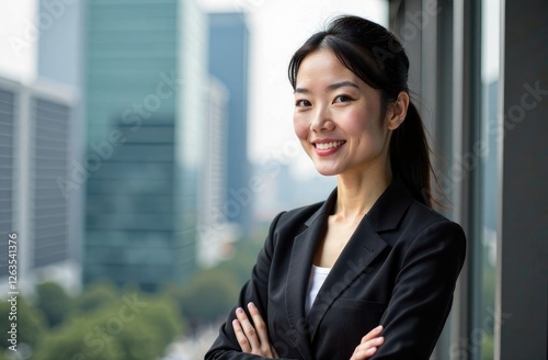 Banner with space for inscription. Asian woman in jacket with crossed arms smiling on blurred background of city. Business concept.