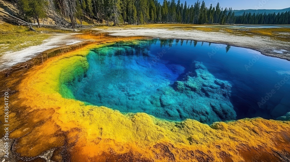 A vibrant, multicolored water pool nestled in a serene valley, framed by lush trees in the background, creating a picturesque natural scene. A vibrant, multicolored water pool nestled in a serene valley, framed by lush trees in the background, creating a picturesque natural scene.