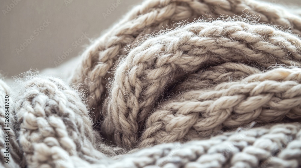 A large knitted wool blanket is elegantly piled on a soft surface, showcasing intricate textures and patterns. The warm light enhances the cozy atmosphere, inviting relaxation A large knitted wool blanket is elegantly piled on a soft surface, showcasing intricate textures and patterns. The warm light enhances the cozy atmosphere, inviting relaxation