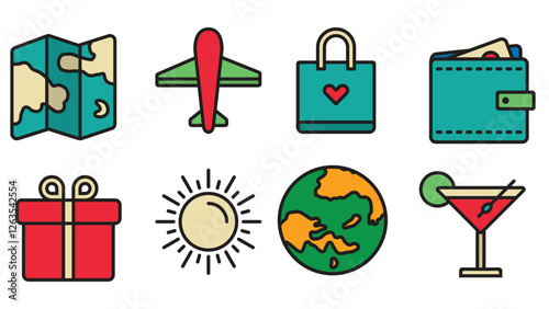 Travel and holiday flight planning recreation vector art set
