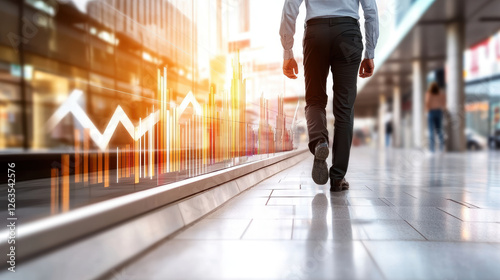 Business growth and financial expansion concept with businessman walking confidently in modern urban setting, symbolizing investment, success, and economic progress with rising graph visuals