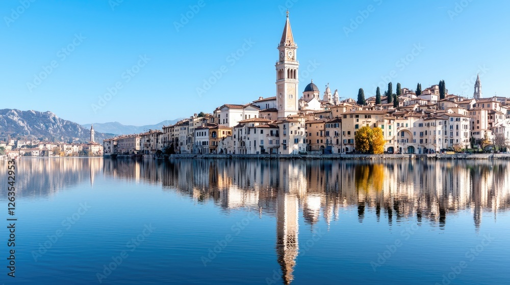 Naklejka premium Italian Lakeside Town reflected in still water, sunny morning