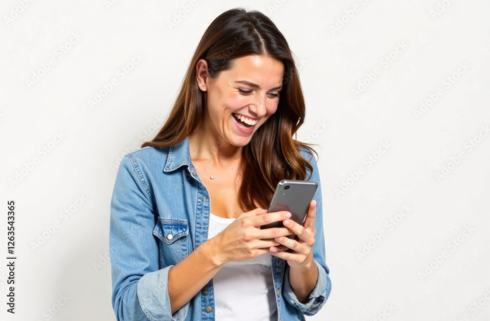 Young woman laughing while looking at phone on white background.