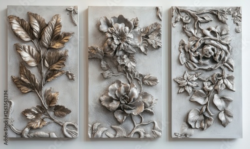 Three canvases adorned with pewter leaf details and volumetric stucco designs.