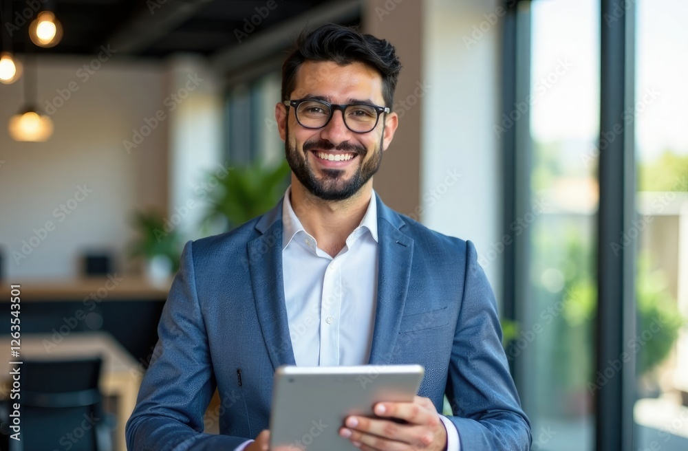 Medium shot portrait of smiling businessman holding tablet looking forward against blurred office background. Office work. Medium shot portrait of smiling businessman holding tablet looking forward against blurred office background. Office work.