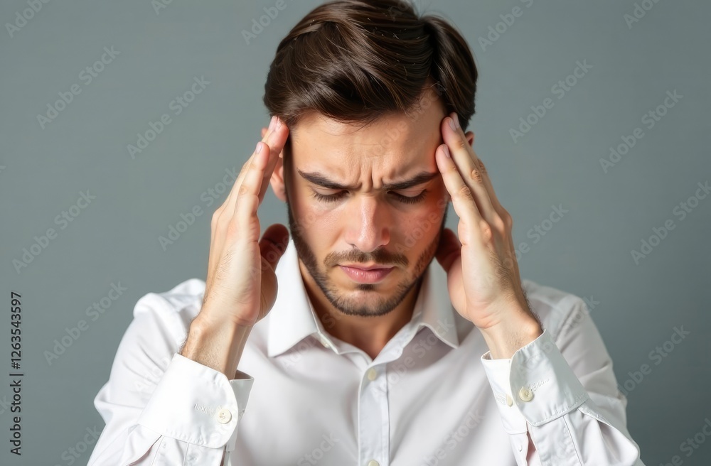 Man in white shirt putting hands to head experiencing headache on grey background. Man in white shirt putting hands to head experiencing headache on grey background.