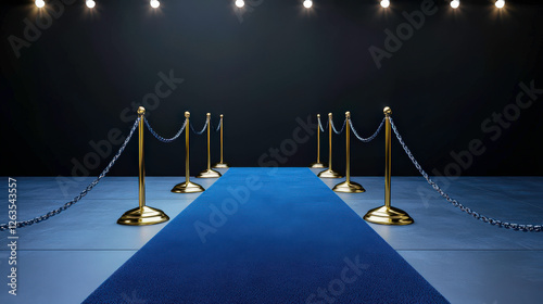 Elegant blue carpet pathway with golden stanchions and ropes, leading to a spotlight area, suitable for red carpet events, ceremonies, or celebrations