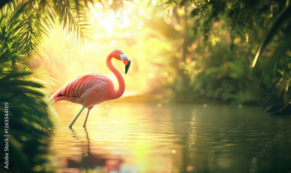 Fototapeta premium Flamingo standing elegantly by a serene lake with rippling reflections, surrounded by lush greenery and soft golden light at sunrise