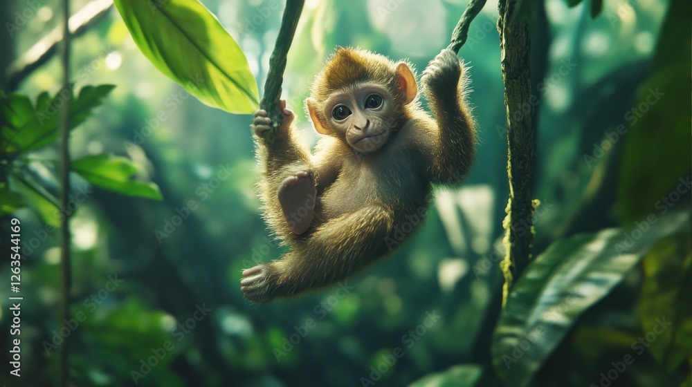Fototapeta premium Adorable baby monkey hanging from a tree branch in a lush green rainforest.