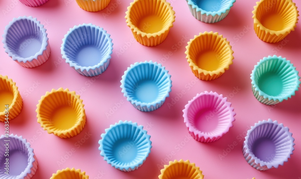 Bright multi-colored silicone cupcake molds arranged on a clean pastel surface, creating a playful and vibrant baking aesthetic Bright multi-colored silicone cupcake molds arranged on a clean pastel surface, creating a playful and vibrant baking aesthetic