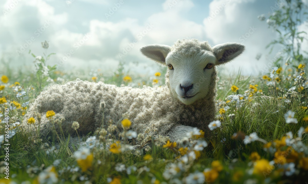 Fototapeta premium Fluffy lamb resting in a meadow with delicate wildflowers around it, captured in soft light to highlight its innocence and charm