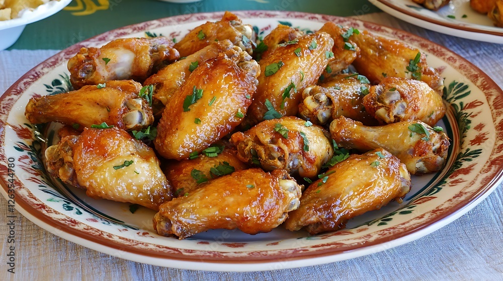 A plate of crispy chicken wings tossed in a sweet and spicy Asian glaze A plate of crispy chicken wings tossed in a sweet and spicy Asian glaze