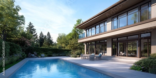 Wallpaper Mural Modern house poolside; sunny day, trees background Torontodigital.ca