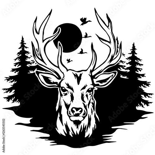 Stag LOGO design hand-drawn vector art, deer with trees and sun and wild ducks black LOGO