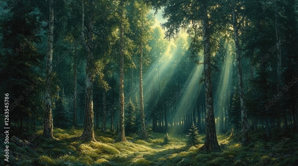 Obraz premium Sunlight streams through forest trees, a serene forest path. Possible use Stock photo for nature, tranquility, or inspirational themes