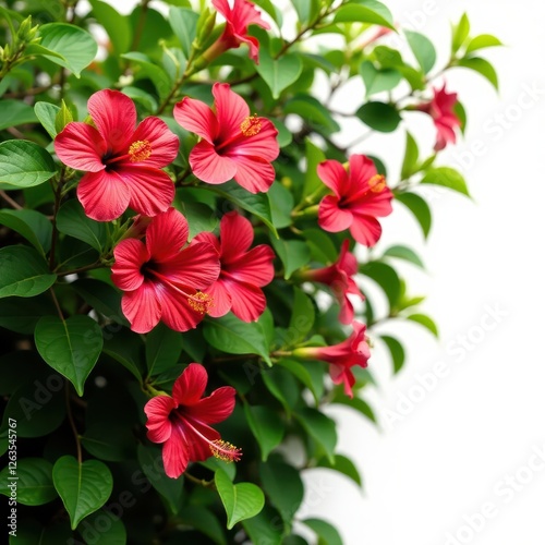 Lush tropical hibiscus bush, vibrant blooms Isolated on white , pink, orange