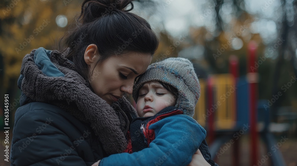 Obraz premium A mother holds her sleeping child in a park filled with autumn foliage. The cozy moment captures their bond as the child rests peacefully, surrounded by colorful playground equipment