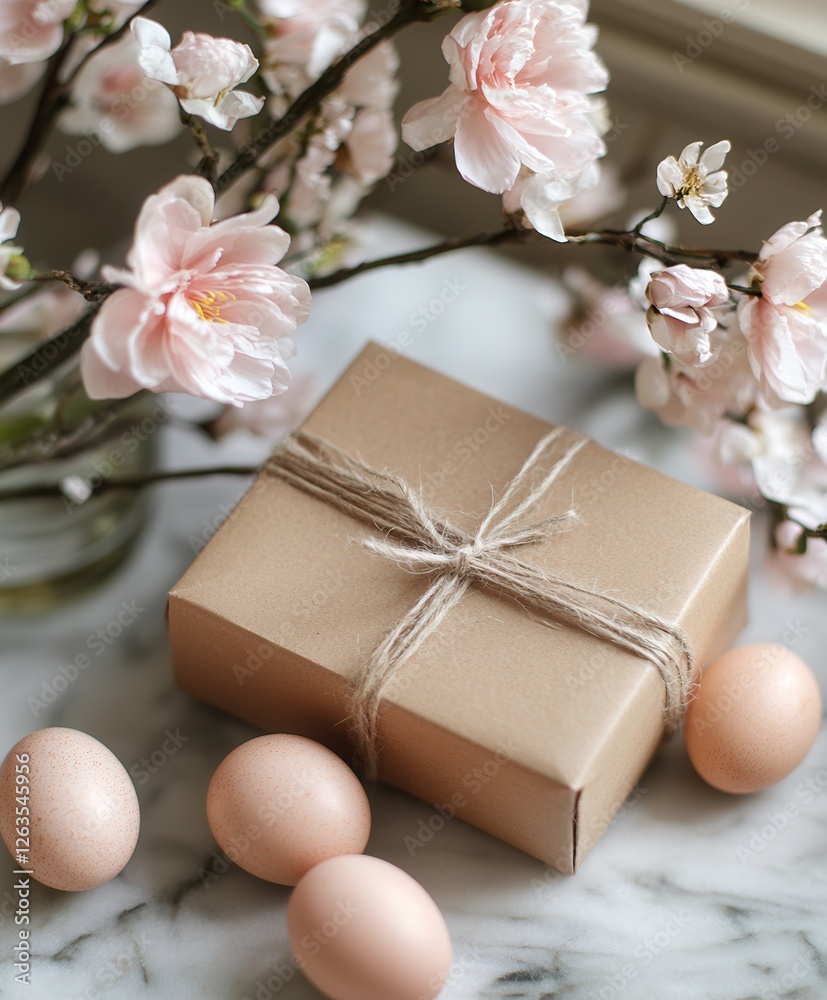 A table displays eggs alongside a neatly wrapped gift in brown paper, creating a warm and inviting atmosphere for a celebration or gathering. A table displays eggs alongside a neatly wrapped gift in brown paper, creating a warm and inviting atmosphere for a celebration or gathering.