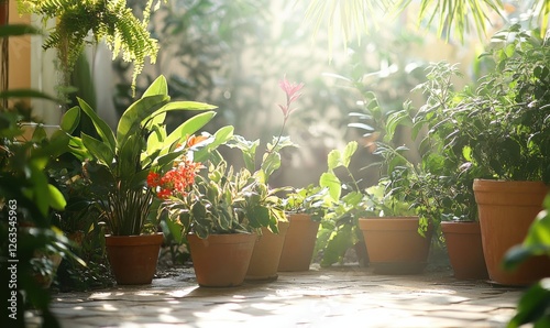 Bright spring morning in a garden with fresh potted plants basking in sunlight, showcasing growth and vibrance