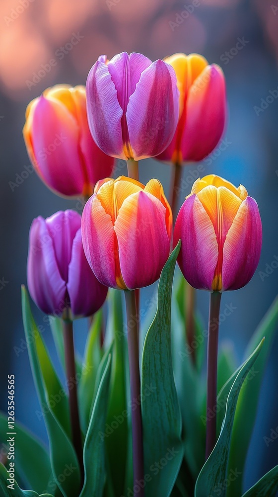 Vibrant tulips bloom in an array of colors under a soft evening light in a tranquil garden setting Vibrant tulips bloom in an array of colors under a soft evening light in a tranquil garden setting