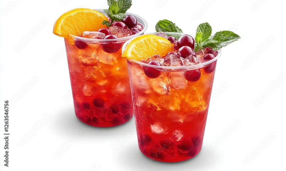 Two servings of cool orange and cranberry iced tea, enhanced with mint garnish. Two servings of cool orange and cranberry iced tea, enhanced with mint garnish.