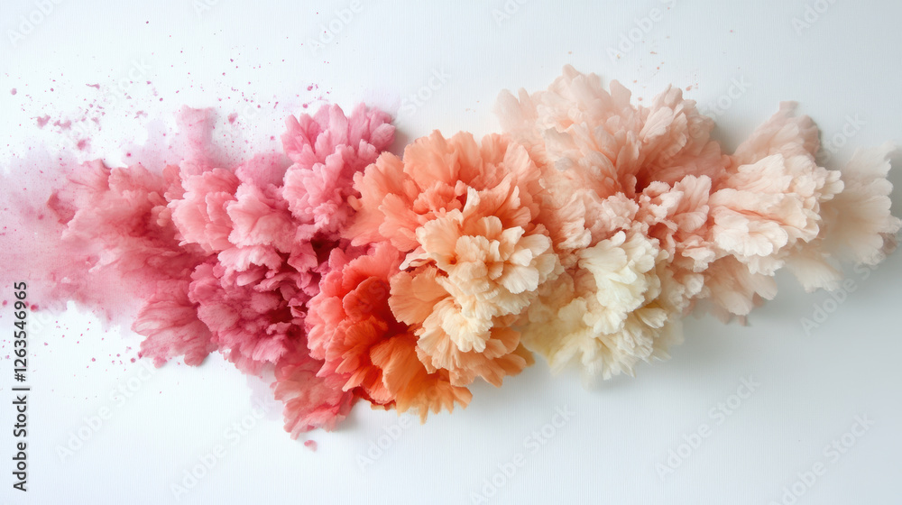 Light coral fading into pale blush, warm and elegant floral explosion on white background, creating soft and dreamy artistic effect with delicate petals and watercolor like texture Light coral fading into pale blush, warm and elegant floral explosion on white background, creating soft and dreamy artistic effect with delicate petals and watercolor like texture