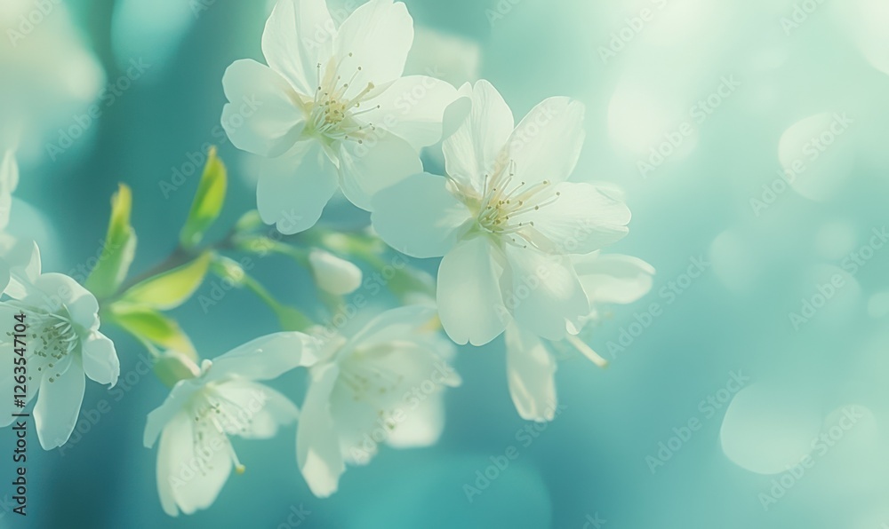 Close-up of delicate white cherry blossoms against a blurred background of soft greens and blues, styled to capture the fleeting beauty of spring Close-up of delicate white cherry blossoms against a blurred background of soft greens and blues, styled to capture the fleeting beauty of spring