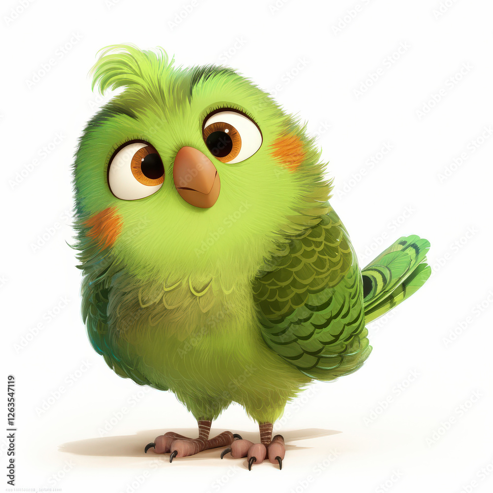 Fototapeta premium Colorful animated green parakeet character with large expressive eyes and playful features showcasing charm and personality in a vibrant style