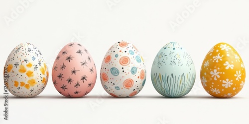 Colorful hand-painted Easter eggs arranged on a neutral background for spring celebration and decoration photo