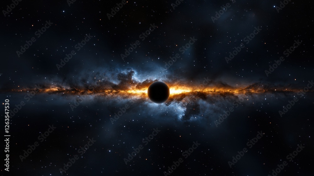 Naklejka premium This captivating cosmic event showcases a black hole surrounded by a vibrant nebula, illuminating the darkness of deep space with swirling clouds and brilliant colors