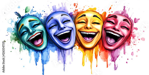 Watercolor vector illustration of smiling theater masks photo