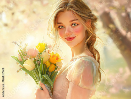 A stunning young woman with golden blonde hair and delicate features holds a bouquet of pastel-colored tulips, exuding warmth and elegance. Her soft smile and radiant eyes reflect the gentle 